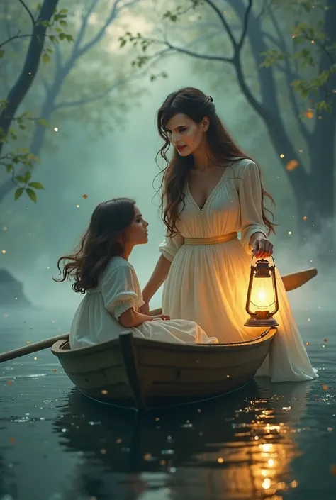 Woman in a boat lighting the path of a white girl with brown hair 