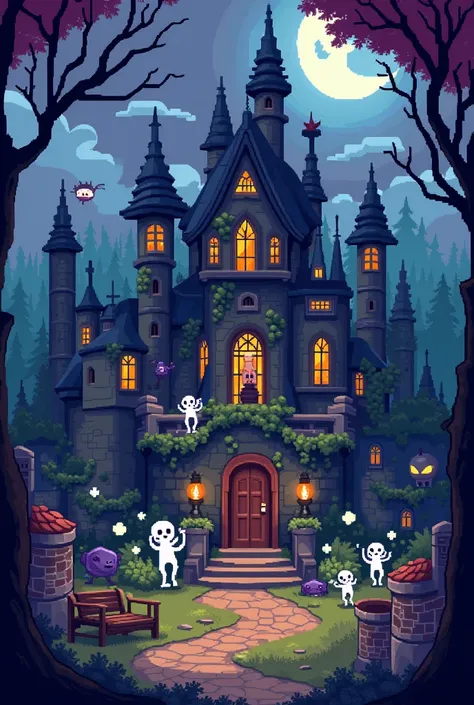 Create a pixel map for my RPG of a castle haunted by creatures in cartoon format