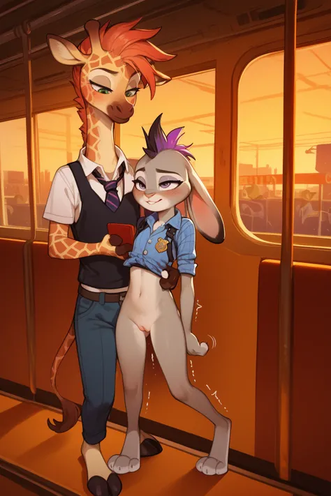 (score_9,score_8_up,score_7_up,score_6_up,score_5_up,score_4_up), fantasy art concept, intricate details, erotic, sensual, by darkgem, anthro, zootopia, duo, size_difference, judy hopps on crowded train next to tiny young punk girl girl, erotic pose, prese...