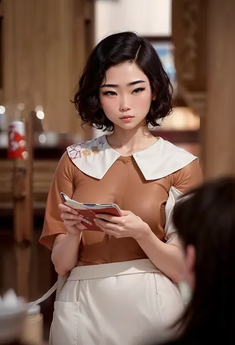 araffe japanese girl, holding clipboard, cute, shy, mature face, serious face, pointy chin, cute eyebrows, thin eybrows, cute eyes, small nose, thin lips, plump lips, plump kissable lips, cute face, natural face, busty, busty chest, petite frame, small fra...