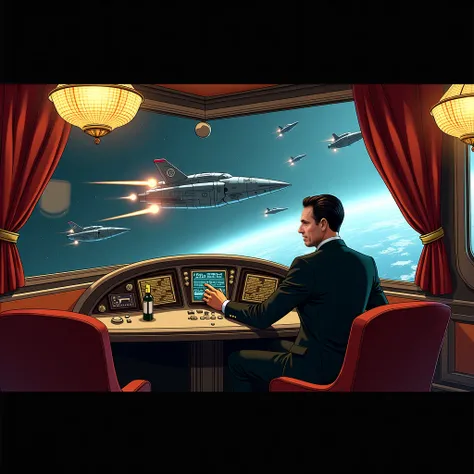 deep space, an Italian themed Restuarant cock pic of a space ship with a man dressed like a mobster in the cockpit pushing buttons, ships fighting out the window