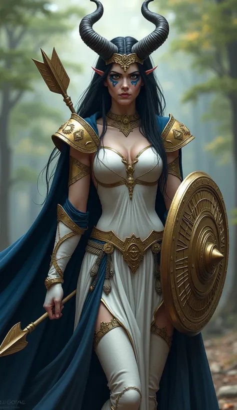  The character in the image is a fantasy warrior with an imposing and majestic appearance . He is standing with an angry face and seems to have stopped an arrow with his hand.  Here are the details :

 - Hair and Horns :  She has long, dark hair ,  collect...