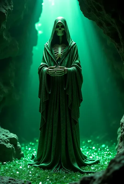 Santa Muerte covered on her torso and feet in Reyna's luxurious mantle in an emerald cave with many emeralds on the floor 