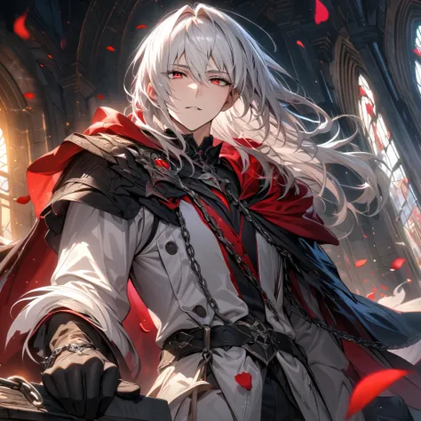 (absurdres, highres, ultra detailed, HDR), master piece, best quality, white hair with bangs, white eyelashes, vibrant red eyes, 1man, handsome, black gloves, chains, cape, moon, petals, window.