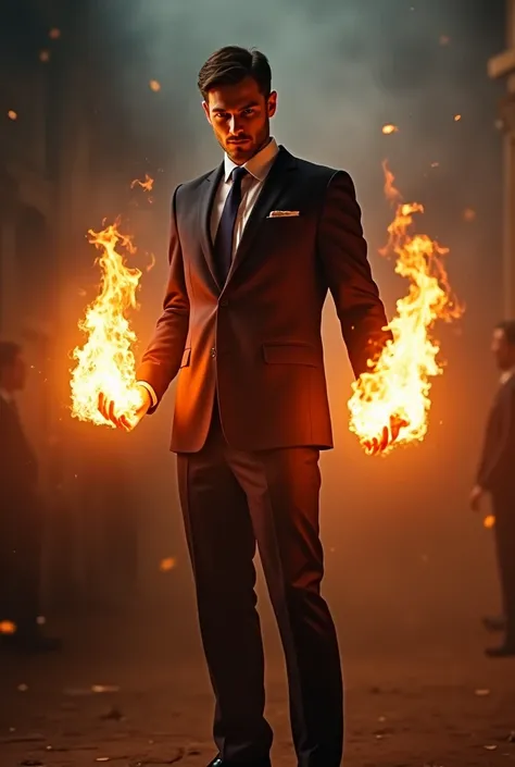 Handsome man dressed in a suit wearing pyrokinesis