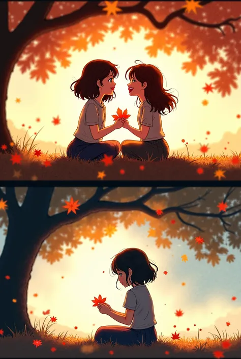 "A double scene :  in the first section, two girls sitting under an oak tree, laughing together happily in the sun, one with wavy brown hair and the other with soft black hair.  in the second section, the girl with brown hair is alone in the same place, ho...