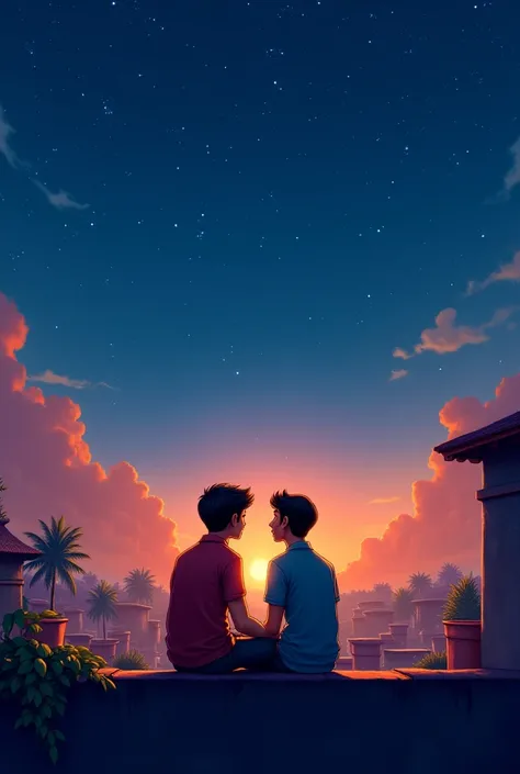 A small village under a starry night sky, two friends, Ahmed and Ali, sitting together on a rooftop, talking passionately about their dreams of becoming Bollywood actors.