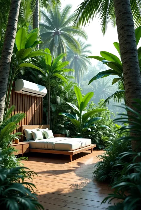 a tropical jangle with some modern bedroom furniture. Zoom out view. An air-conditioner attached with a big tropical tree. The jangle is very clean and calm. 