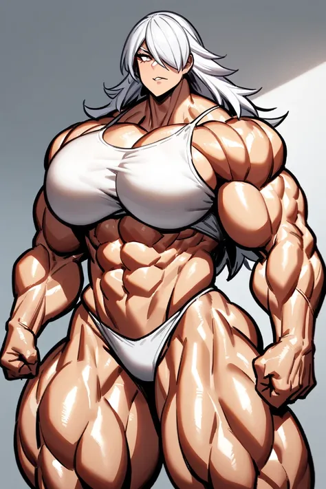  muscular woman , hypertrophy, ripped short , tight bra,  muscle growth ,  white hair , Colossal 355 cm high.