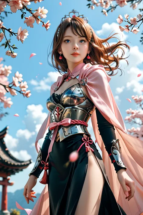 Nordic princess, skinny, narrow hips, small buttocks, medium sized breasts, long brown auburn hair, straight flowing hair, hazel eyes, black tight dress armor, pink flowing robes and cape, wearing a onyx and diamond tiara, samurai, cherry blossoms blown in...