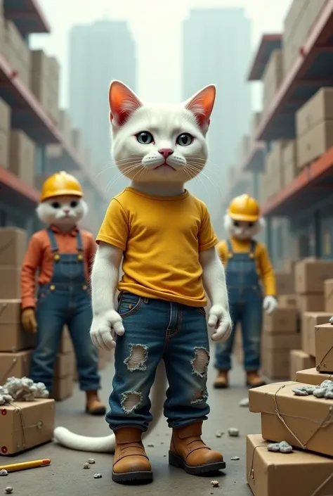 

 “A photorealistic image of an anthropomorphic white cat in a store with huge goods and clothes. The cat is wearing a torn yellow T-shirt ,  worn jeans with holes and construction boots .  his paws and arms will raise the dollar . his gaze expresses fati...