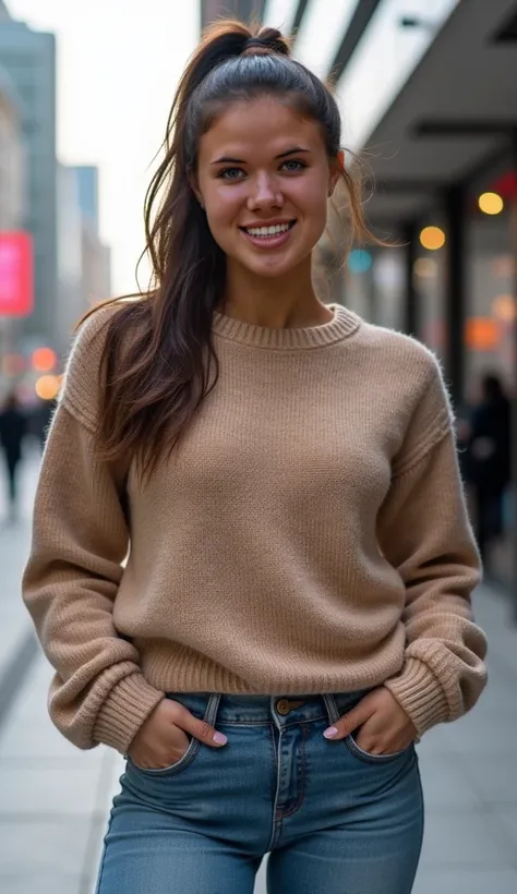 A high-resolution, photorealistic full-body portrait of the most beautiful 19-year-old woman in the world with an athletic, well-defined figure. She is in an urban outdoor environment, wearing a chic, cozy sweater paired with well-fitted jeans, showcasing ...