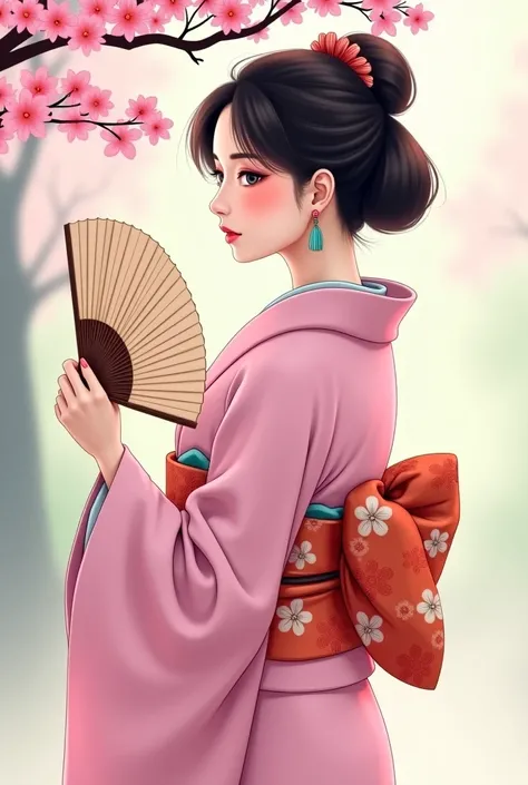 woman in pink kimono with a fan and a cherry tree in the background, a picture inspired by Ogata Kōrin, pixabay, shin hanga, elegant japanese woman, traditional japanese, classy yukata clothing, wearing a kimono, wearing a haori, japanese woman, wearing ki...