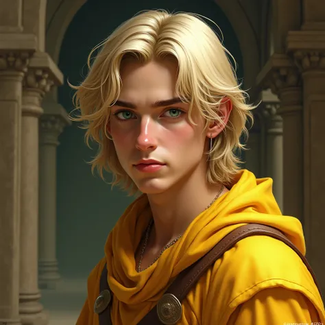 realistic: 18-year-old white boy, ancient era,  long and light hair , Yellow clothes green eyes blond hair