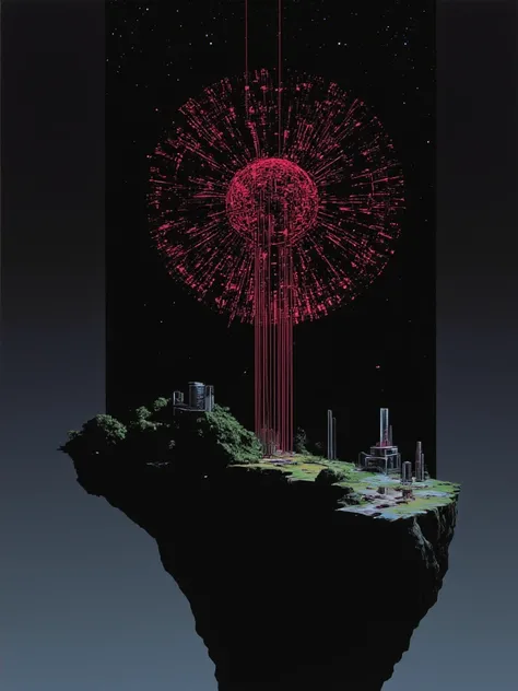 Minimalist arrangement art of a floating cliff on dark gray blue, long shadows projected and a lone figure, gigantic ruins artifact, glimmering sky of red particles on completely black sky, geometric shapes, huge spider net, network, tech, iconic edge game...