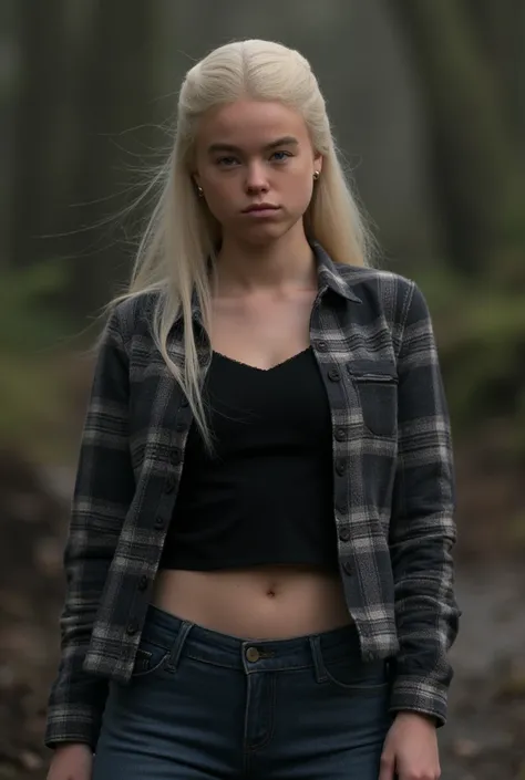 Rhaenrya Targaryen, dirty blonde hair, black and white flannel open shirt, black midriff top,jeans,modelshoot 