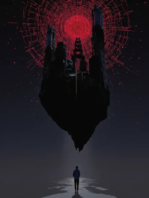 Minimalist arrangement art of a floating cliff on dark gray blue, long shadows projected and a lone figure, gigantic ruins artifact, glimmering sky of red particles on completely black sky, geometric shapes, huge spider net, network, tech, iconic edge game...