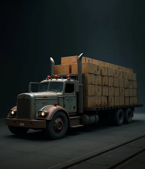 SHIPPING TRUCK WITH LOTS OF BOXES WITH DARK BACKGROUND