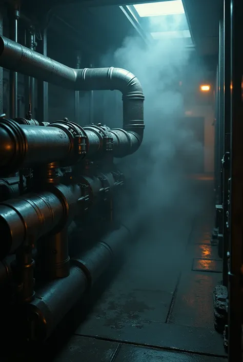 a high tech futuristic metallic gas pipe, a close up of the pipe releasing an invisible substance into a dimly lit chamber, a red warning light blinking, detailed machinery, complex pipes and tubes, industrial design, cinematic lighting, dramatic angles, p...