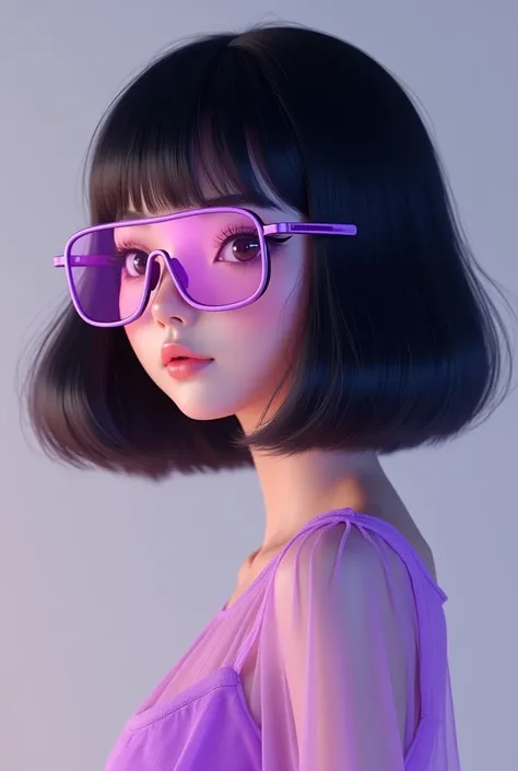 I want a picture of a white Asian girl,bob bang black hair , Slightly dark eyebrows ,  face profiles , Brown eyes and straight hair Put on glasses, frame purple glasses and wear purple see-through dress, straight face, virtual reality image