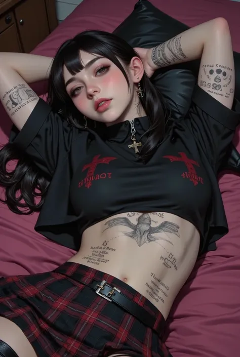  horny woman lying on a bed with an old pink blanket,  top with inscriptions and drawing ,  plaid miniskirt red and black ,  you can see her abdomen , She's pulling her shirt showing her tits out