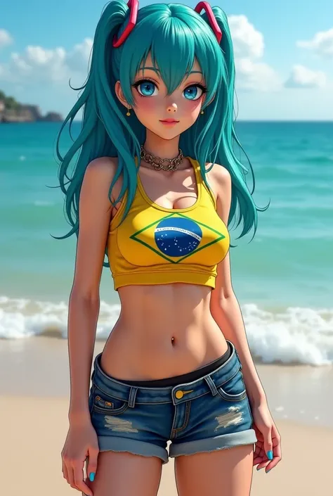 a potrait picturing a real girl cosplaying like brazilian hatsune miku. she has a sligthly dark palette, she wears a yellow short top with the brazil flag drawn on, she wears short jeans and through the clothes a black bikini can be seen. She has an athlet...