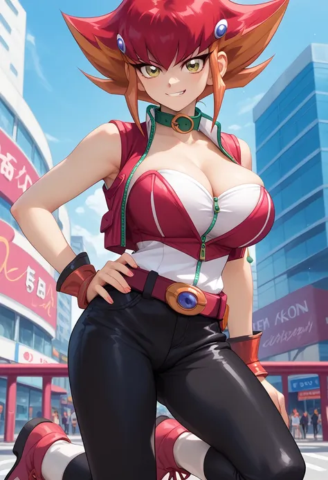 Yuma Tsukumo(yugioh zexal), Anna kaboom(cosplay)  red eyes, red and orange hair, green zipper and collar on vest, pink and white vest, large breasts, city, black pants, belt, seductive smirk, boots(Anna kaboom),1futanari,solo, opening zipper on vest, black...