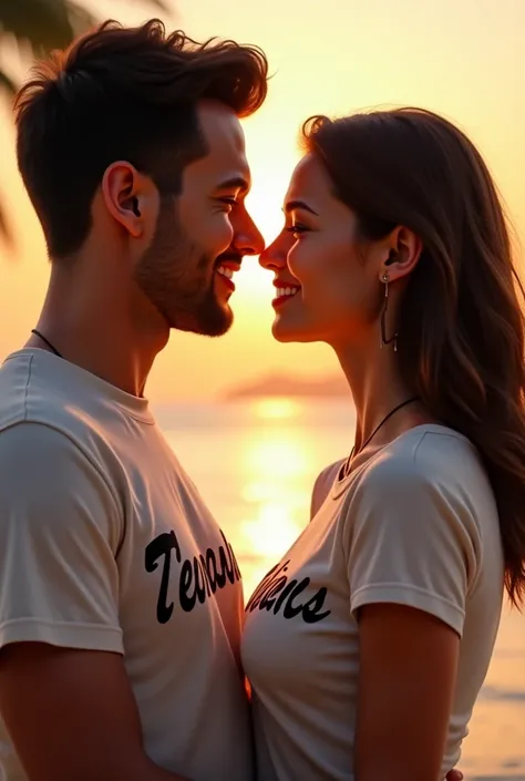 Make couples the woman and a man the woman wearing a t-shirt Escrito Teresinha and the man wearing the t-shirt written Loyce make both blacks beautiful looking at each other at 15 make a real image 