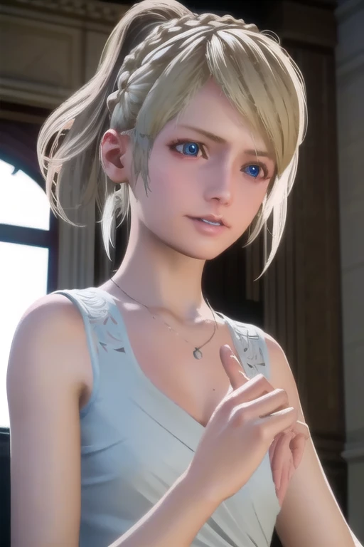 lunafreyanoxfleuret, lunafreya nox fleuret, blonde hair, blue eyes, braid, french braid, ponytail,
BREAK dress, white dress, bare shoulders, sleeveless, sleeveless dress, collarbone, cleavage, necklace,
BREAK outdoors,
BREAK looking at viewer, dynamic pose...