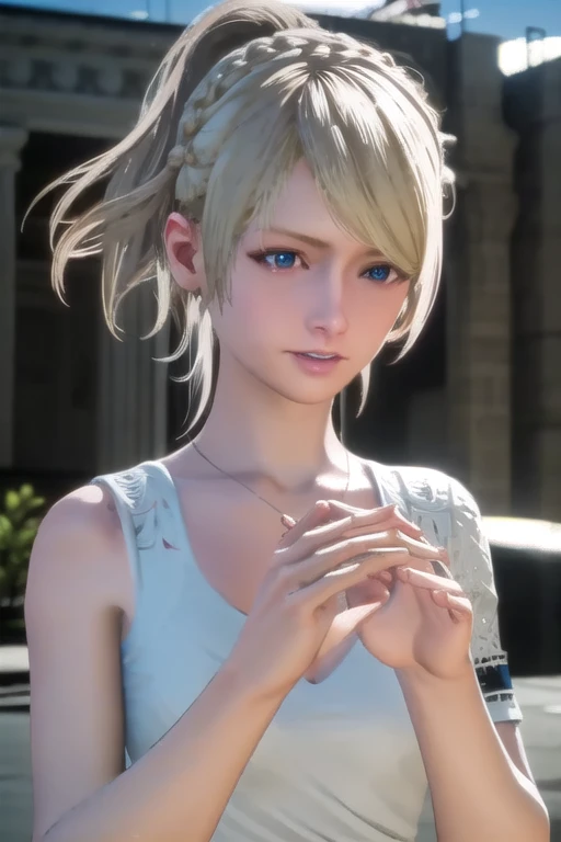 lunafreyanoxfleuret, lunafreya nox fleuret, blonde hair, blue eyes, braid, french braid, ponytail,
BREAK dress, white dress, bare shoulders, sleeveless, sleeveless dress, collarbone, cleavage, necklace,
BREAK outdoors,
BREAK looking at viewer, dynamic pose...