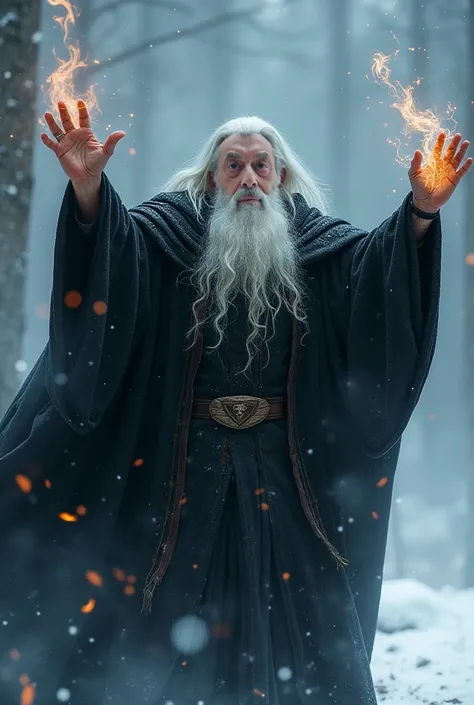 wizard men in his 80s, white hair, white beard, winter, flames in brown eyes, black cloak, confident face, delicate detail. ultra details. highly detailed characters, dark atmospere. Arms in the air summons the Spirits of the past, magic around him