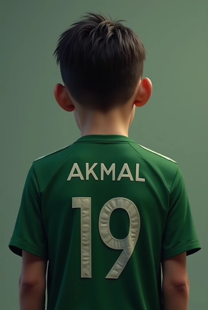 A boy  sad mode green jarsy type name Akmal  on back side of his jarsy.