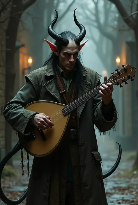 tiefling, man, with horns, tail, Wearing an old overcoat, playing the lute