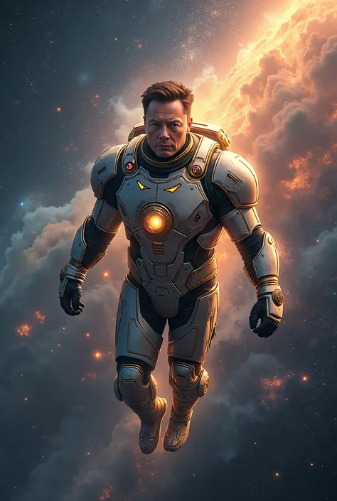 Create a strong Elon Musk with a suit with lots of gold and colored stones flying in the universe 