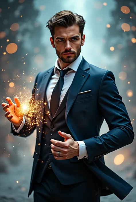 Handsome man dressed in a suit using time magic