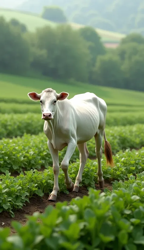 A white, thin cow walks forward through the cropland.