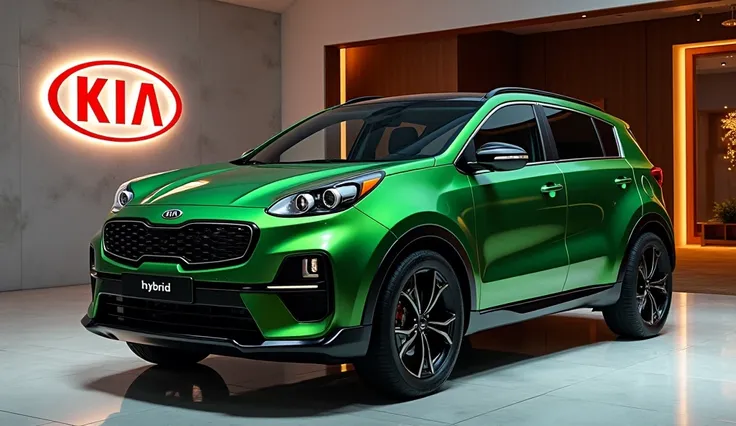 create an ultra-detailed 3D render, of a Modren  2025 kia Sportage hybrid  With  a bold design looking long  captured from centered ("front left side")  view  Teehe suv should feature a 'Gleamy (yungle green)glossy shining  color with a (kia)  ' logo on it...