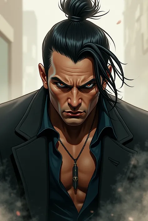 A man with dark brown eyes,short straight hair to the side with a medium topknot,gangster style,evil face,light brown skin,aquarela style design
