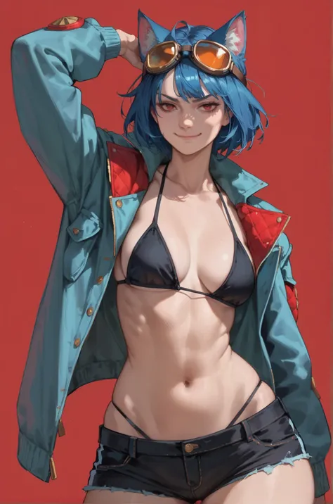 1girl, smirk, closed mouth, pale skin, red eyes, short blue hair, blue cat ears, aviator jacket, black bikini top, shorts, goggles on the head, medium breasts, wide hips, moody, red background
