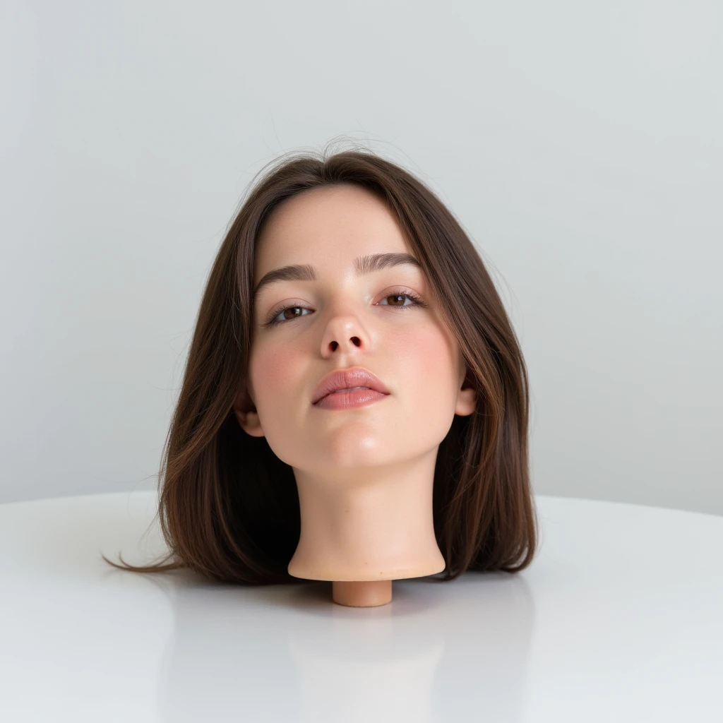 Beatiful  girl's disembodied head is lying on a white table in a white room. The girl has beautiful, straight, thick, voluminous, smooth, silky, shiny, long, dark brunette hair. Her eyes are opened. She looks straight. Her mouth is opened. Her tongue is ha...