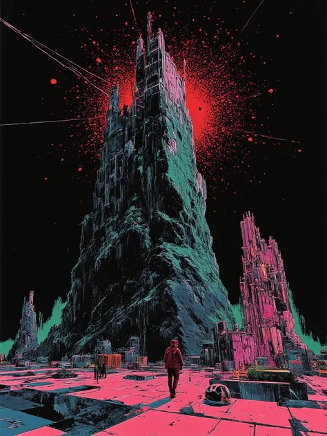 Sci-fi art of a floating cliff on dark gray blue, ancient sci-fi, helmet layed down on the floor, long shadows projected and a lone figure, gigantic ruins artifact, glimmering sky of red particles on completely black sky, geometric shapes, huge spider net,...