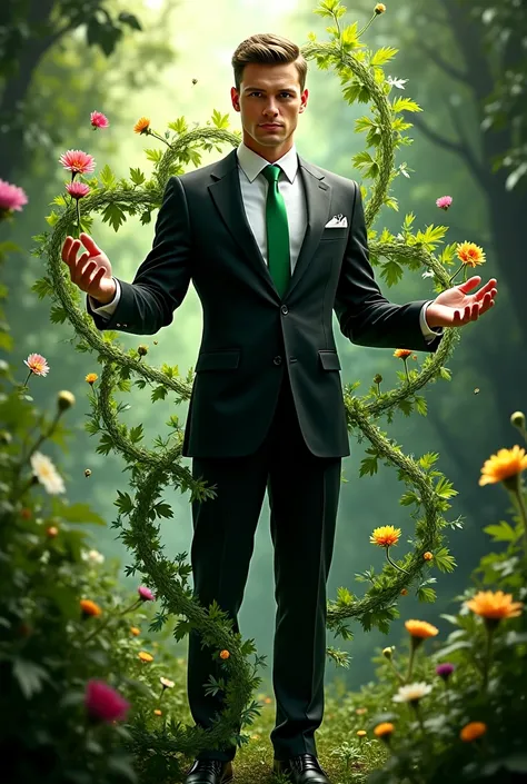 Handsome man dressed in black suit and white shirt with green tie using plant magic