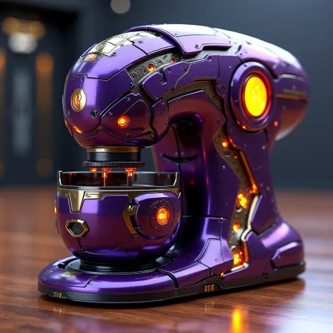 A hyper-detailed, ultra-realistic 3D render of a futuristic mixture machine designed in the style of a powerful cosmic villain. The machine features a deep purple and gold color scheme with intricate metallic textures resembling armor. The design includes ...