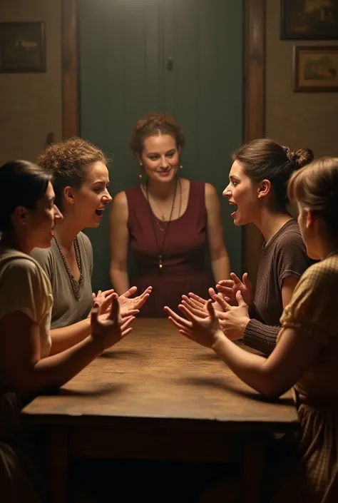 Génére une image qui a pour titre toute les femmes se lance a maudir la famille du coiffeur une photo de a l’epoque réunient sur la table
