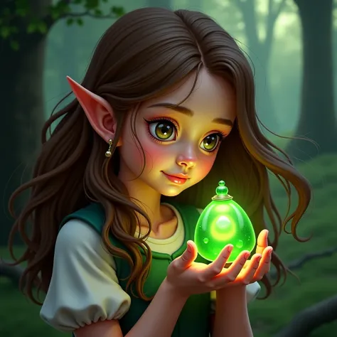 a girl with brown hair looks into an amulet with a green stone