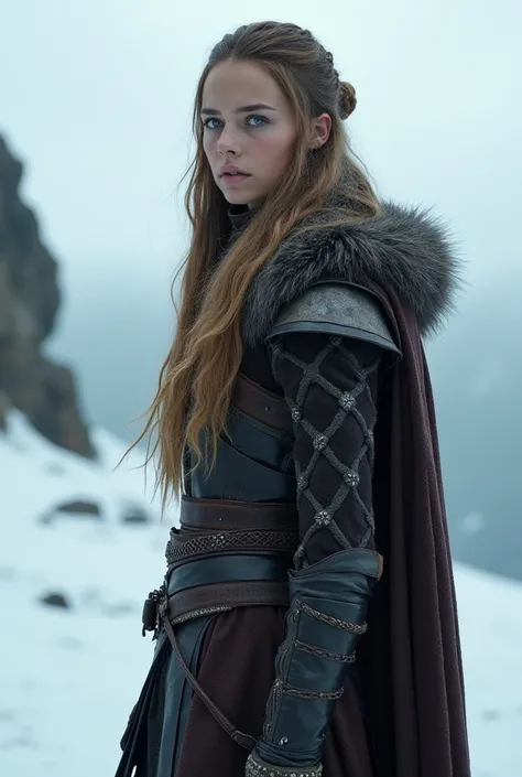 White woman with light brown and straight hair,  series dressed as a warrior beyond the wall, Wild GOT series