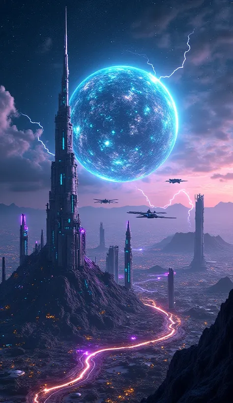 Sci-Fi Planet
A highly futuristic and cybernetic planet, glowing with neon blue, purple, and green circuits. Its surface is covered in towering holographic cities, floating space stations, and sleek metallic structures. Lightning arcs across the sky, while...