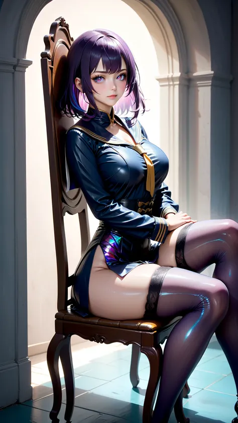 (1girl), (human), (Aeonis Serah Lumira) , (very long smooth straight dark purple hair and inner dark iridescent hair), (detailed dark iridescent eyes) , (aesthetic body) , (sitting in a room on chair wearing sefuku) , (Realism) ,(masterpiece) , (very aesth...