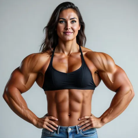 high quality photo of a female wearing black triangle bikini top and jeans,muscular body,wide muscular shoulders,bulging biceps