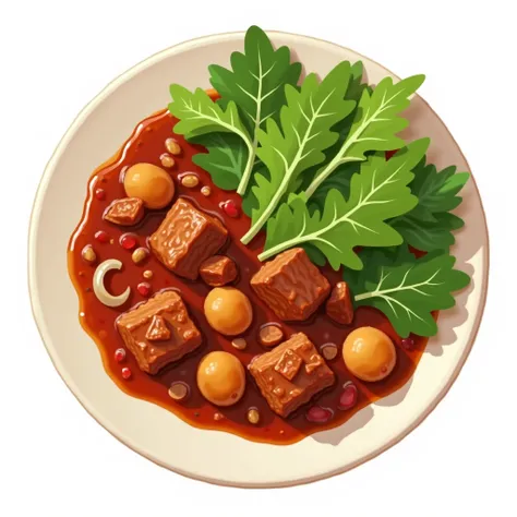 Plate with salad. Goulash is a Hungarian dish of beef stewed with paprika, onions and tomatoes. Vector image. Top view. On a white background.